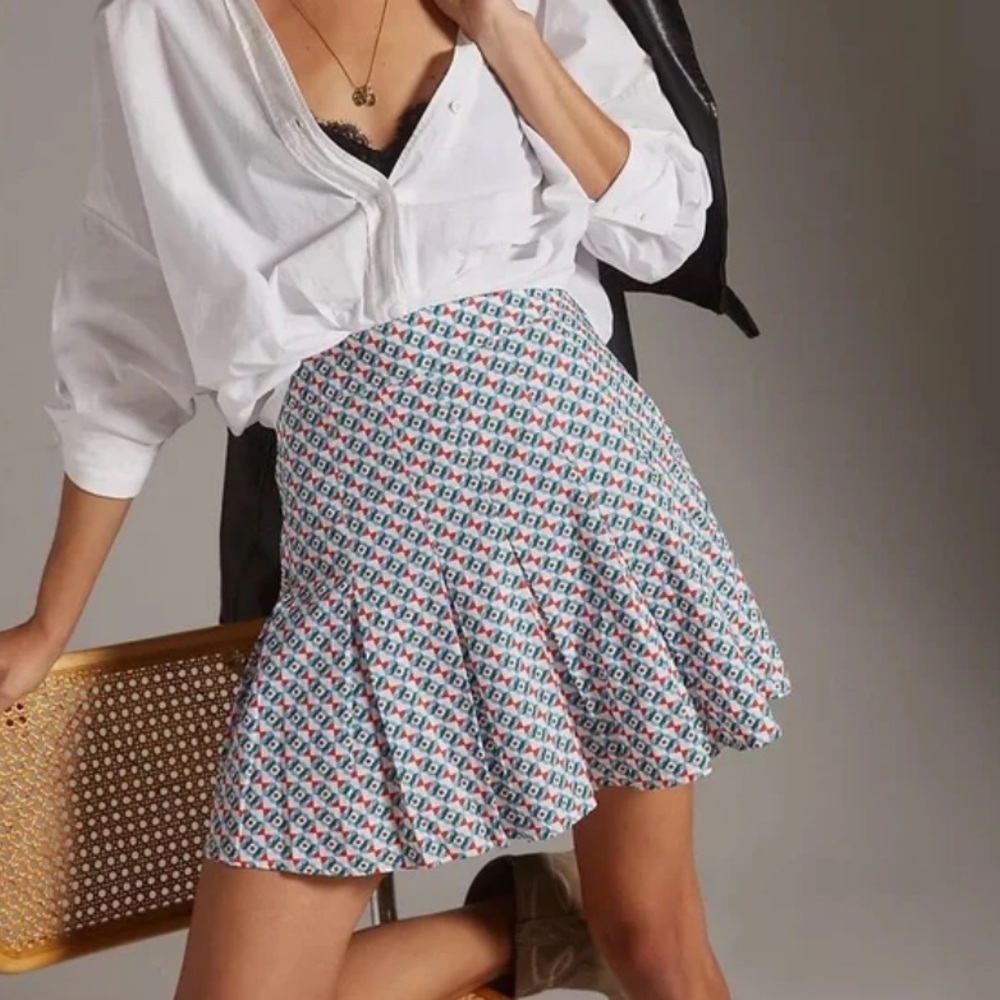 Women's Maeve Anthropology Blue Patterned Pleated Mini Skirt